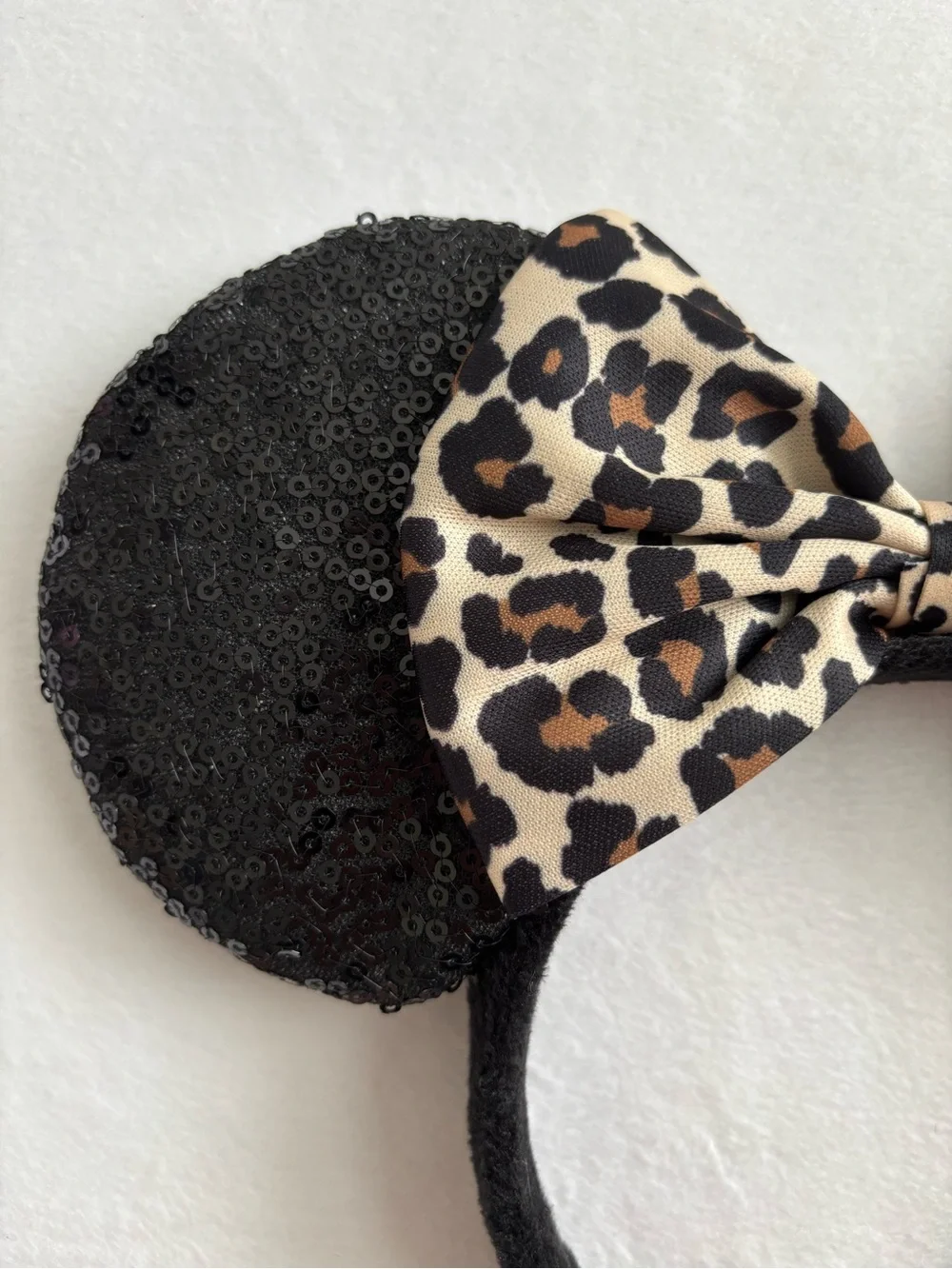 Minnie Mouse Black Sequin Ear Leopard Print Bow Headband